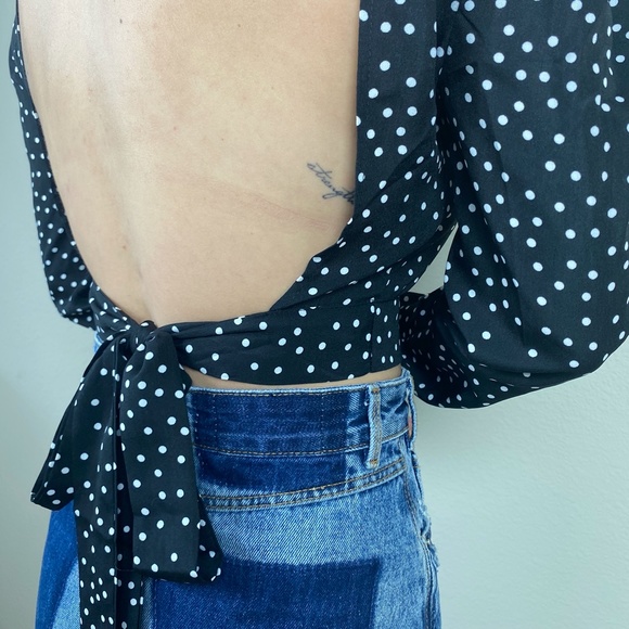 SHEIN Tops - Crop Backless Tie Back Polka Dot LS  Blouse